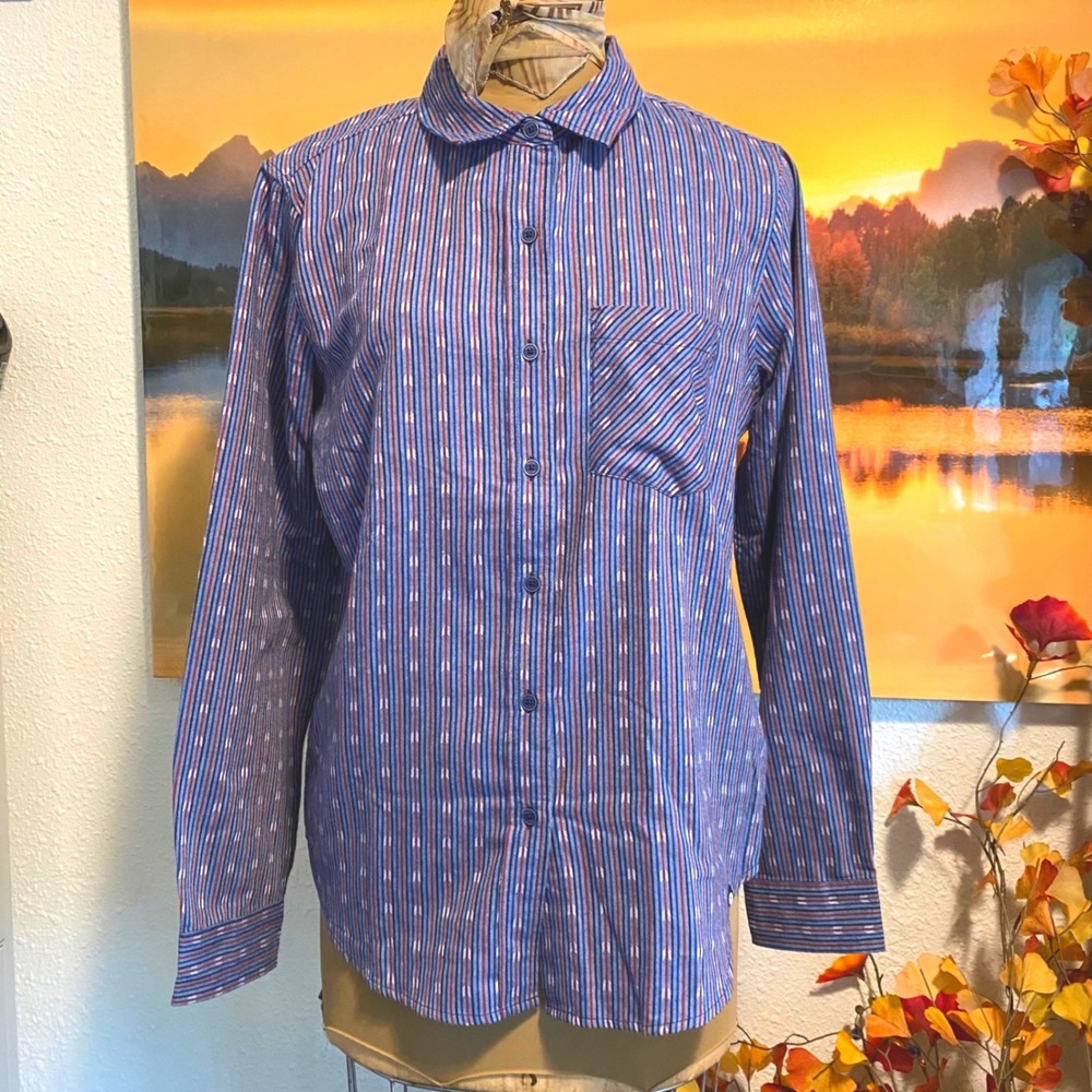 Marmot Button Down Shirt Gorpcore Outdoor Women L Blue Red Striped Ikat LS